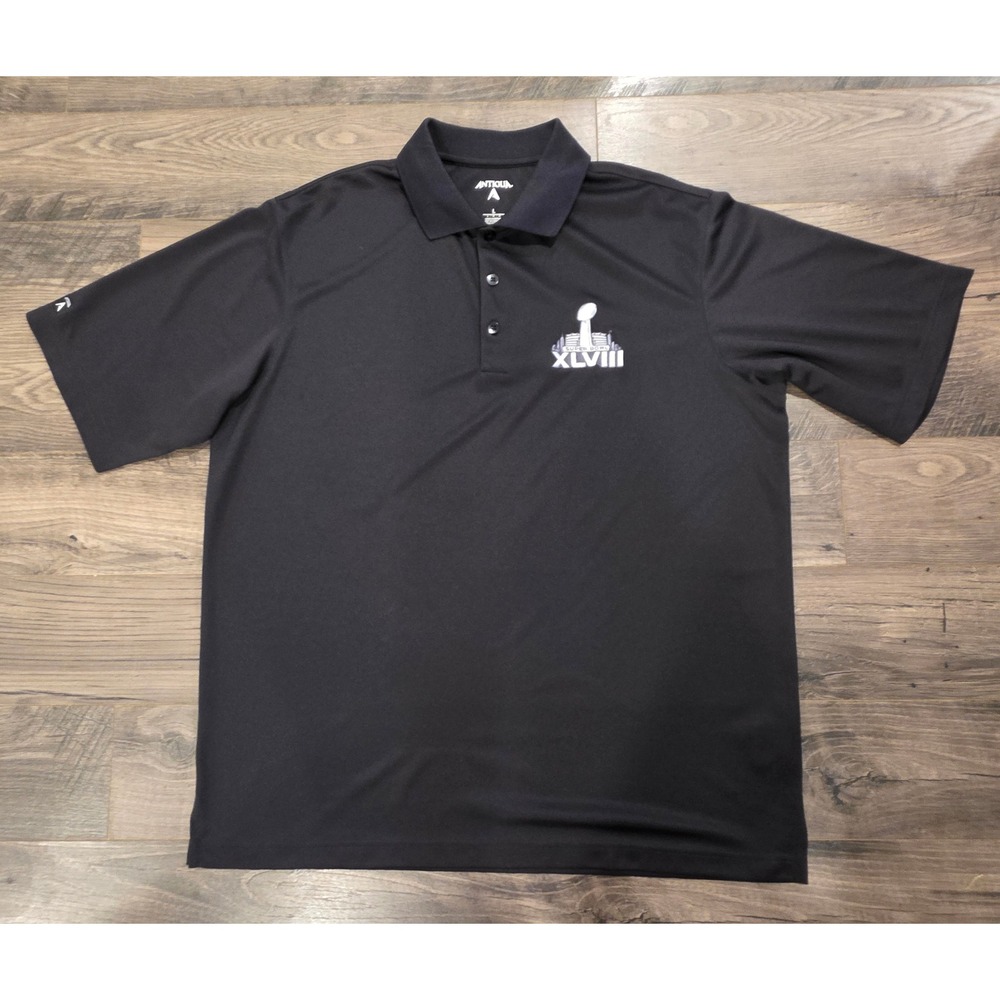 Men's sz L Antigua Super Bowl XLVIII Embroidered Desert Dry Polo Shirt Black